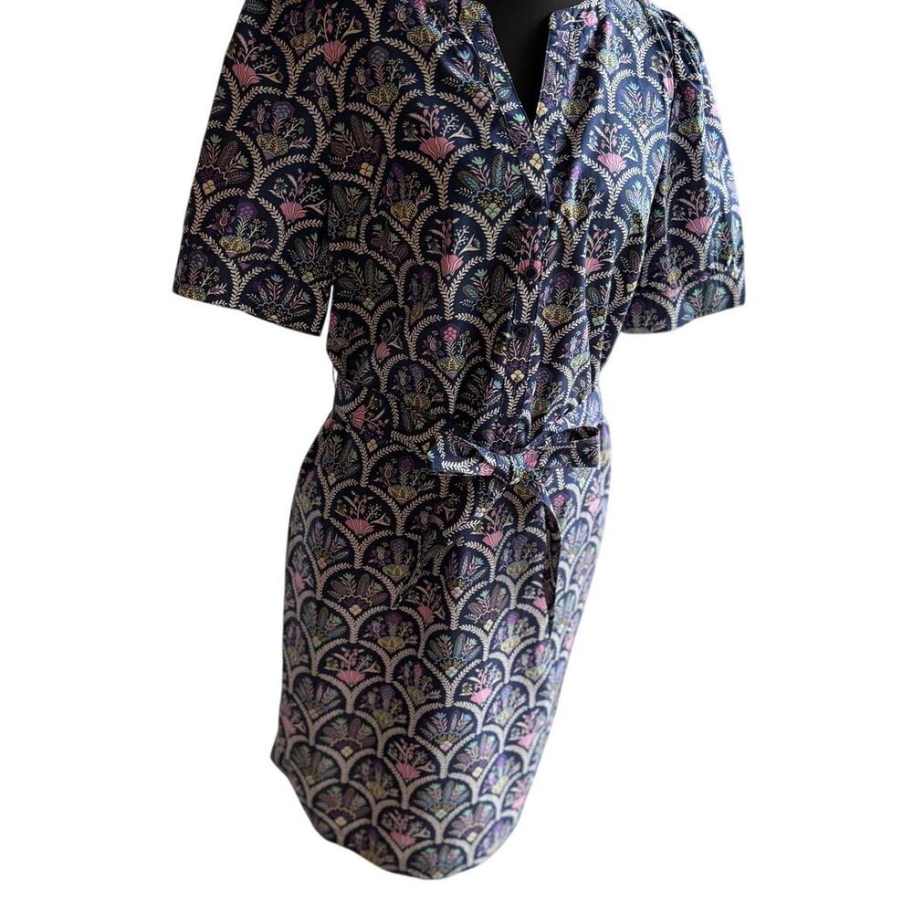 Talbots Navy Botanical Floral Cotton Belted Dress Small Pockets Cottagecore